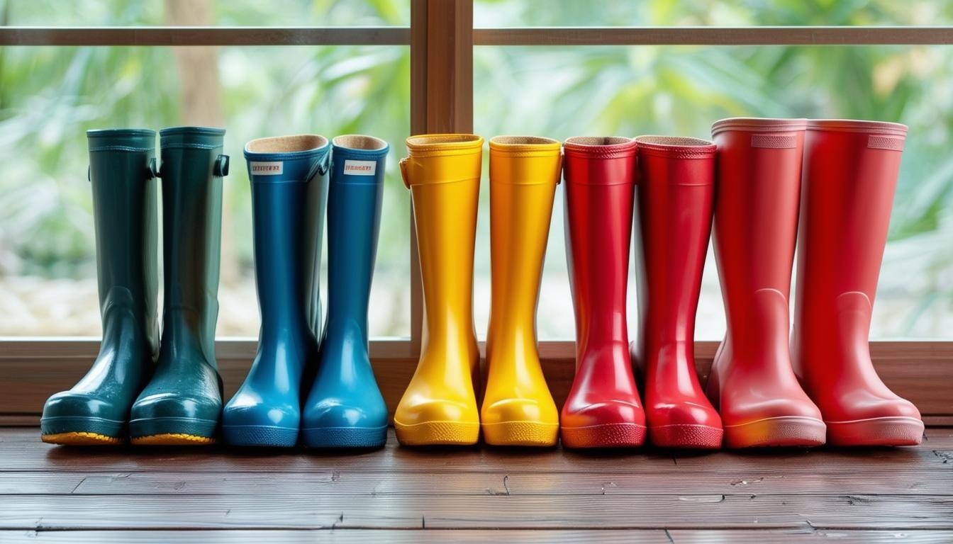 Cree una imagen que muestre 5 pares de botas de lluvia colocadas sobre un suelo de madera-1